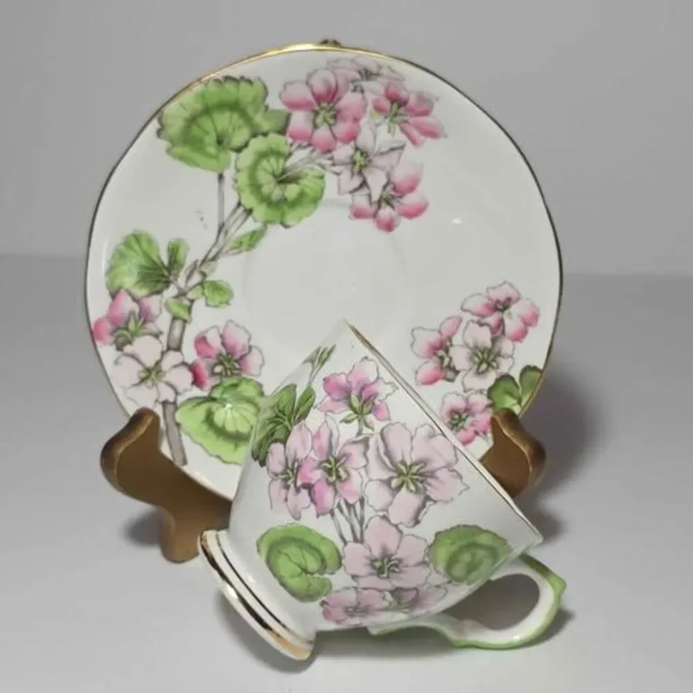 Salisbury Teacup and Saucer Pink Geraniums Vintage